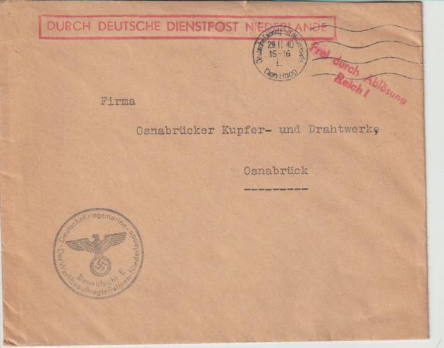 DDP Niederlande, MS Den Haag 29.11.40, DS Deutsche Kriegsmarine / Der Wehrbeauftragte Belgien-Niederlande, nach Osnabrück