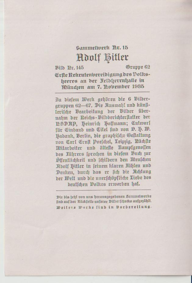 Erste Rekrutenvereidigung des Volksheeres an der Feldherrnhalle in München am 7. November 1935, Bild Nr. 145, Sammelwerk Nr. 15, Adolf Hitler