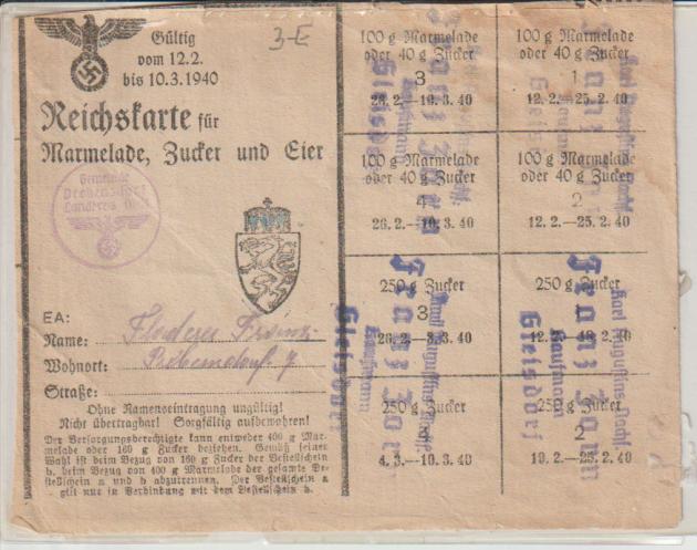 Reichskarte für Mamelade, Zucker und Eier, 1940, Gleisdorf