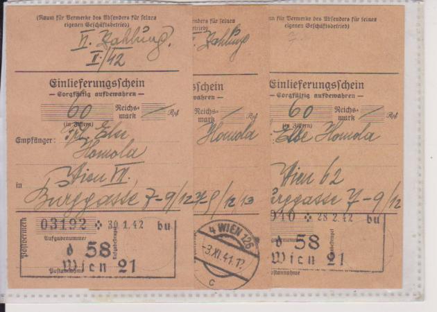 Wien, 1942, 3 Einlieferungs-Zahlscheine