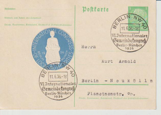 P 225, SST Berlin 11.6.36, VI.Internationaler Gemeindekongreß + gleiche Vignette, Bedarfskarte