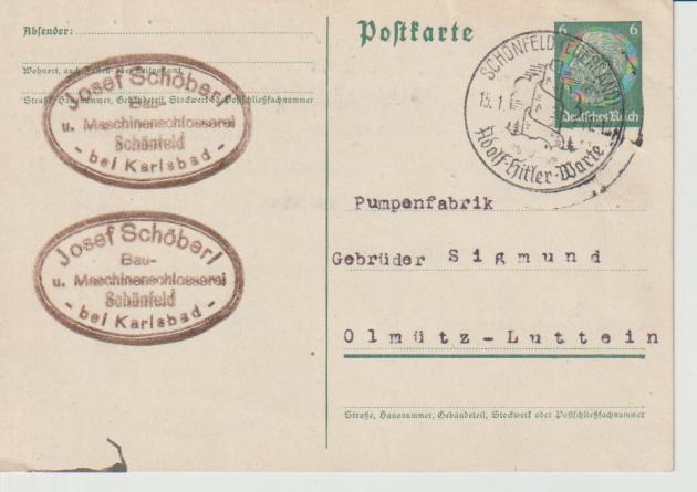 P 226 I, Schönfeld/Egerland/Adolf-Hitler-Warte, 13.1.41