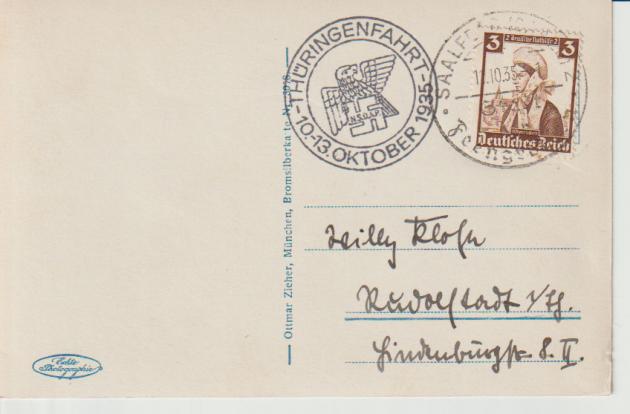 Mi. 588, OWS Saalfeld, 12.10.35 + NST Thüringenfahrt der NSDAP Oktober 1935