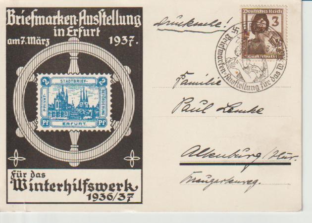 SOK/SST Erfurt, 7.3.37, Briefm.Ausst. für das WHW 1936/37, Mi. 643